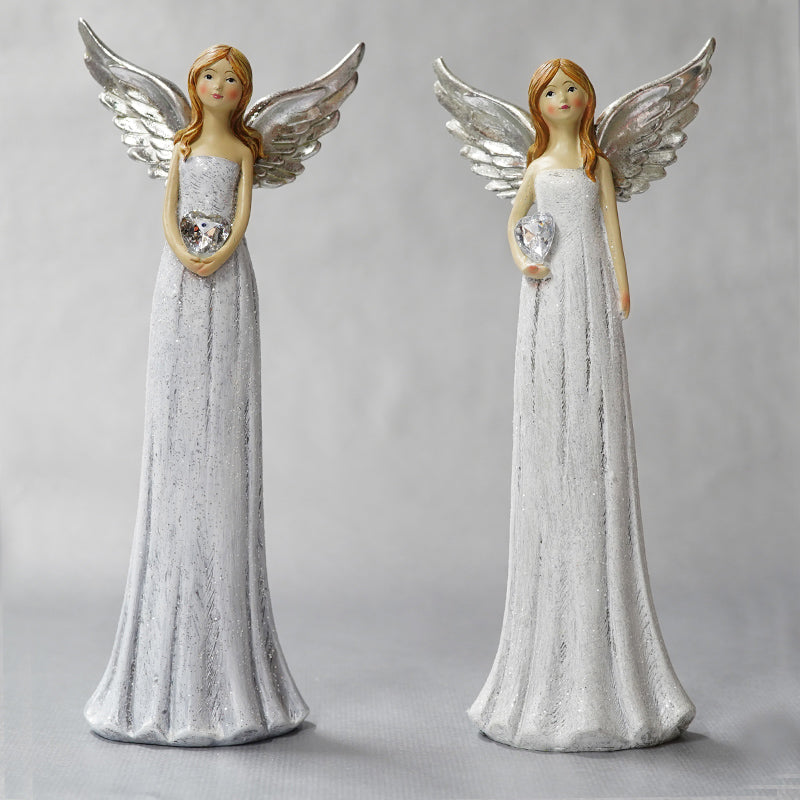 Standing Angel Silver Wings Holding Diamond Heart Small