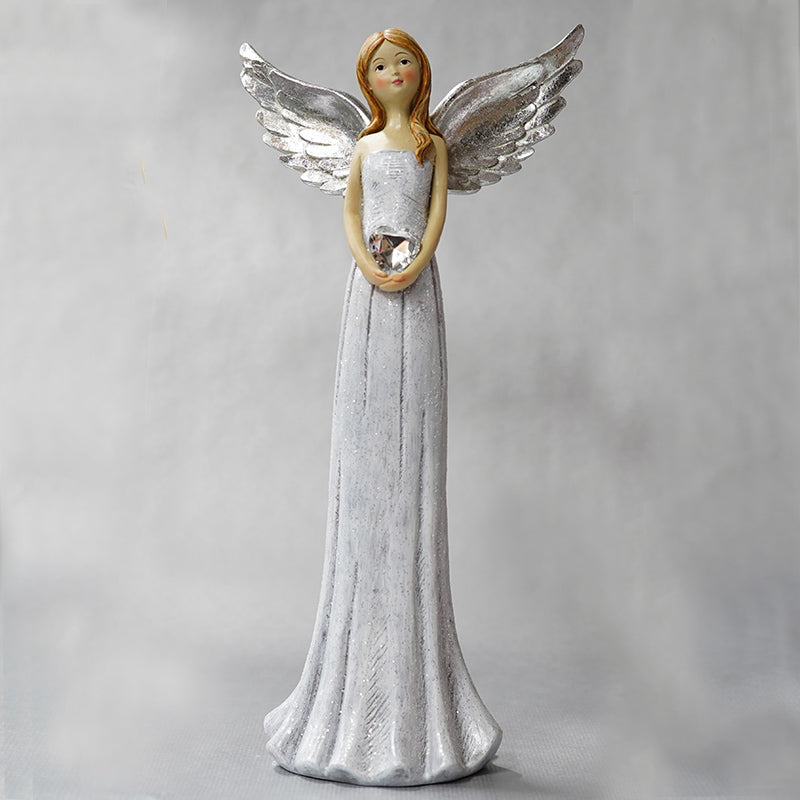 Standing Angel Silver Wings Holding Diamond Heart Large