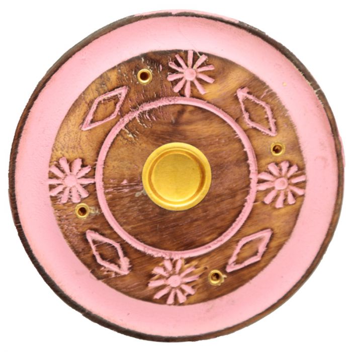Mango Wood Round Pink Flower  Incense Ash-Catcher