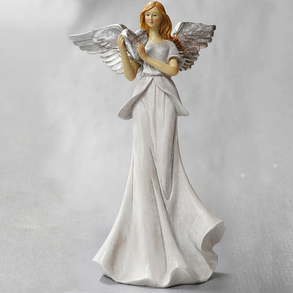 Standing Angel With Silver Wings Holding Sliver Heart Large