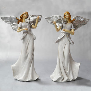 Standing Angel With Silver Wings Holding Violin