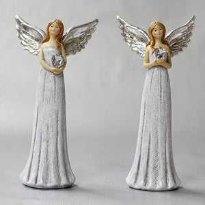 Standing Angel Silver Wings Holding Diamond Heart Large