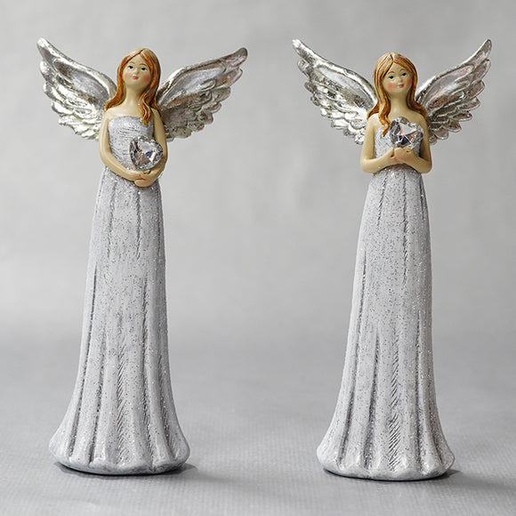 Standing Angel Silver Wings Holding Diamond Heart Large
