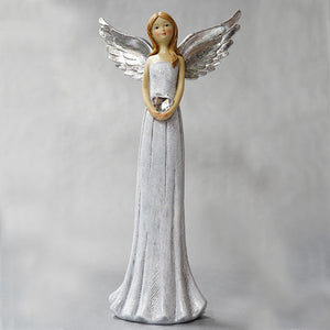Standing Angel Silver Wings Holding Diamond Heart Large