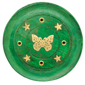 Mango Wood Butterfly Round Green Incense Ash-Catcher