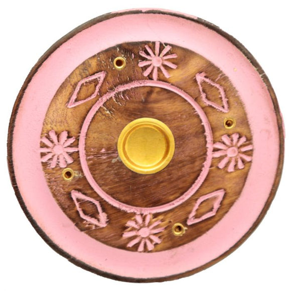 Mango Wood Round Pink Flower  Incense Ash-Catcher